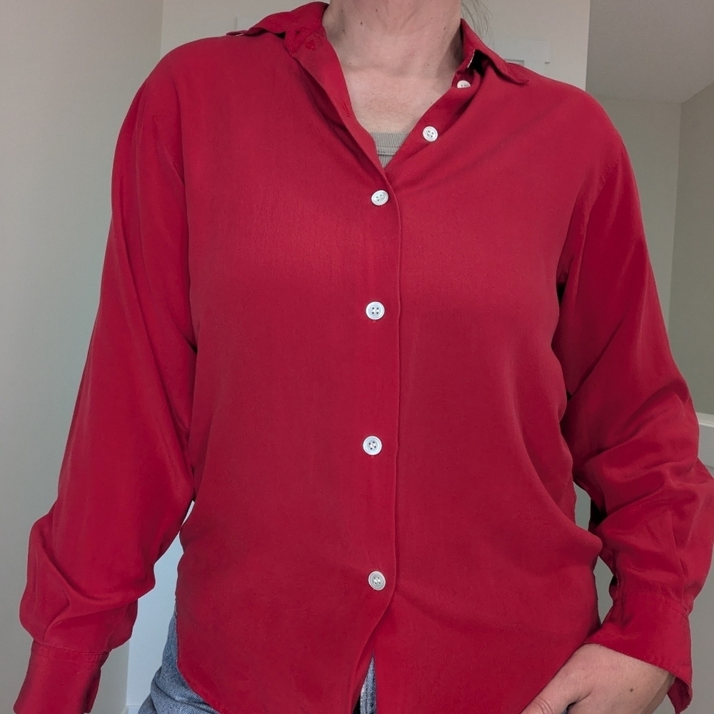 Red 100% Silk Blouse, Button Up Long Sleeve French Classic Size 8